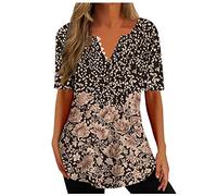 Damen Longshirt Lang Bluse mit Knopfleiste Mode Blumen Muster Tshirt Oberteile V-Ausschnitt Kurzarm Sommer Tops Elegant Long T-Shirt Basic All-Match Tunika Bluse Lose Jumper Geschenk für Frauen