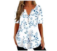 Damen Longshirt Lang Bluse mit Knopfleiste Mode Blumen Muster Tshirt Oberteile V-Ausschnitt Kurzarm Sommer Tops Elegant Long T-Shirt Basic All-Match Tunika Bluse Lose Jumper Geschenk für Frauen