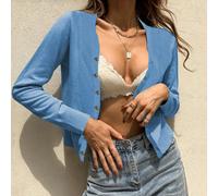 Damen Longsleeve Strickjacke Jacke Casual Offener Front V-Ausschnitt See-Blau L