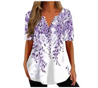 Damen Longtops Knopfleiste Bluse Elegant V-Ausschnitt Longbluse Locker Oberteile Farbverlauf Blusenshirt Kurzarm Tshirt Blumendruck Sommer Tops Pullover Shirt Bequeme Blusen T-Shirt Tunika 3XL