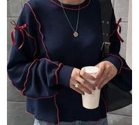 Damen Loose Fit Crew Neck Farbblock Wellensaum & Ärmel Schleife Dekor Lässig Sweatshirt