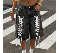 Damen Loose Lässig Denim-Shorts mit Taschen und Ösen Schnürdesign