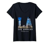 Damen Los-Angeles California LA Skyline Pride, Schwarz / Weiß T-Shirt mit V-Ausschnitt