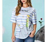 Damen Lose Blaue Gestreifte T-Shirts, Rückkehr zur Schule, Tops für die Schule, Grundlegende Tops, Cartoon Muster, Text Muster, Planeten Muster, Fuchs