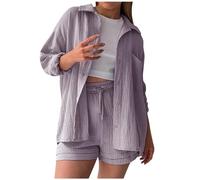 Damen Lounge-Set 2-Teilig Sommer Crinkle-Optik Langarm Hemd & High Waist Shorts mit Kordelzug Leichtes Musselin-Style Freizeitset Elegantes Strand-Outfit & Hausanzug