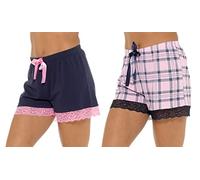 Damen Lounge-Shorts mit Spitzenbesatz Frauen Mädchen kurze Pyjamahosen Pink / Marine M UK 12-14 (2er-Pack)