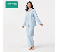Damen Loungewear-Set aus seidigem, gebürstetem Baumwollstoff, Wolken- & Wasserblau, Oberteil: UK 14 (L); Unterteil: UK 14 (L)