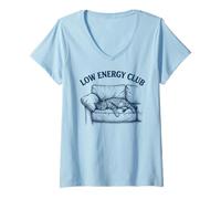 Damen Low Energy Club Lustige Katze T-Shirt mit V-Ausschnitt