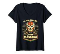 Damen Lucha Libre Luchador La Vida Es Mejor Con Mascara T-Shirt mit V-Ausschnitt