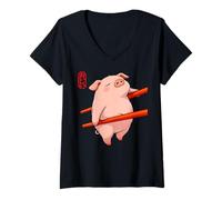 Damen Lustige Essstäbchen in Schweine-Form, niedliche Tierkunst-Illustration T-Shirt mit V-Ausschnitt