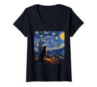 Damen Lustige Golden Retriever Grafik Van Gogh Stil Sternennacht T-Shirt mit V-Ausschnitt