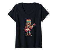 Damen Lustiger bunter Nussknacker mit E-Gitarren-Grafik T-Shirt mit V-Ausschnitt