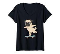 Damen Lustiger Mops Skater Skateboard Ballerina Mama Papa Kinder T-Shirt mit V-Ausschnitt