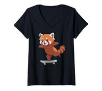 Damen Lustiger roter Panda Skater Skateboard Ballerina Zoo Jungen Mädchen T-Shirt mit V-Ausschnitt