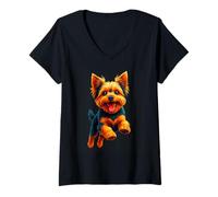 Damen Lustiger Yorkshire Terrier Hund springen Yorkshire Terrier Liebhaber T-Shirt mit V-Ausschnitt