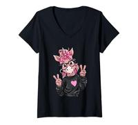 Damen Lustiges Einhorn mit Brille Peace Zeichen Hipster Tier T-Shirt mit V-Ausschnitt
