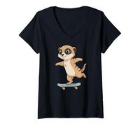 Damen Lustiges Erdmännchen Skater Skateboard Ballerina Zoo Jungen Mädchen T-Shirt mit V-Ausschnitt
