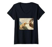 Damen Lustiges Golden Retriever Welpe beißt Gottes Hand Meme T-Shirt mit V-Ausschnitt