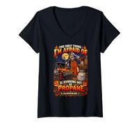 Damen Lustiges Halloween-Grill-Design mit Aufschrift Dad Running Out of Propan T-Shirt mit V-Ausschnitt