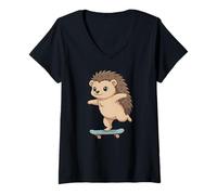 Damen Lustiges Igel-Skater-Skateboard Ballerina Zoo Jungen Mädchen T-Shirt mit V-Ausschnitt
