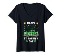 Damen Lustiges Kariertes Truck Buffalo Shamrock mit Aufschrift „Happy St. Patrick's Day“ T-Shirt mit V-Ausschnitt