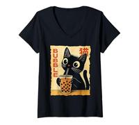 Damen Lustiges Kawaii Katzen Bubble Tea Japanische T-Shirt mit V-Ausschnitt