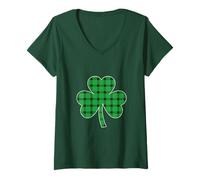 Damen Lustiges St. Patricks Day Irish Green Buffalo Plaid Kleeblatt T-Shirt mit V-Ausschnitt