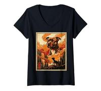 Damen Lustiges Staffy Dog Meme, niedlicher japanischer Retro-Art-Hund T-Shirt mit V-Ausschnitt