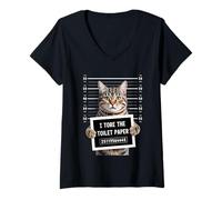 Damen Lustiges Tabby Cat Mugshot I Tore The Toilet Paper T-Shirt mit V-Ausschnitt