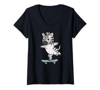 Damen Lustiges Zebra Skater Skateboard Ballerina Zoo Jungen Mädchen T-Shirt mit V-Ausschnitt