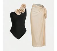 Damen Luxus Rose Dekor eleganter Einteiler Badeanzug mit Cover-Up-Rock Set, für Sommer Strandurlaub