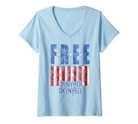 Damen Lynyrd Skynyrd Freebird Kontrastlogo US-Flagge Sterne Streifen T-Shirt mit V-Ausschnitt
