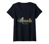Damen Macau Macao Night China Travel Souvenir City Wahrzeichen Geschenk T-Shirt mit V-Ausschnitt