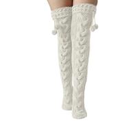 Damen Mädchen Kniestrümpfe Lange Overknee Strümpfe Stricken Beinwärmer Winter Socken Warm Oberschenkelhohe Stiefelsocken Extra Lang Kniestrümpfe Gestrickt Socken Zopfstrickstrümpfe (White, One Size)