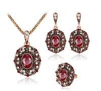 Damen Mädchen Vintage Halskette Ohrringe Ring Set Rubin Mit Diamanten besetzt Runde Anhänger Halskette Schmuck Dreiteiler Set