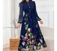 Damen Mandarinkragen Langarm Chiffon Blume Muster Bindegürtel ausgestelltes Maxikleid, romantisch & elegant