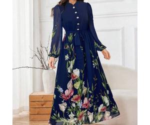Damen Mandarinkragen Langarm Chiffon Blume Muster Bindegürtel ausgestelltes Maxikleid, romantisch & elegant