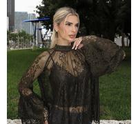 Damen Mandarinkragen Raglanärmel elegante Bluse, dunkelgrüne Spitzenbluse, Boho Spitzenbluse, Spitzenbluse für Frauen, transparente Spitzenbluse, Spit