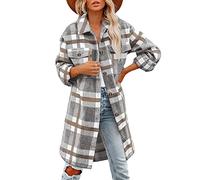 Damen Mantel Lässiges Kariert Dufflecoat Lange Ärmel Revers Wickel Outwear Warme Mittellange Karo Wollmantel Herbst Winter Einreihiger Kaschmirmantel Frauen Wintermantel (Grau, XL)