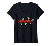 Damen Marvel Comics Logo with Heroes T-Shirt mit V-Ausschnitt