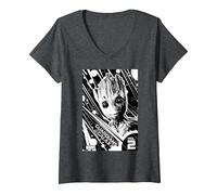 Damen Marvel Groot Guardians of The Galaxy 2 Light T-Shirt mit V-Ausschnitt, Anthrazit Meliert, S