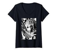 Damen Marvel Groot Guardians of the Galaxy 2 Light T-Shirt mit V-Ausschnitt, Schwarz, L