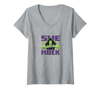 Damen Marvel She-Hulk: Attorney at Law Power Pose T-Shirt mit V-Ausschnitt, Grau Meliert, L
