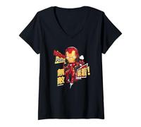 Damen Marvel Super Heroes Iron Man SD Heroes Chibi Japan Kawaii T-Shirt mit V-Ausschnitt