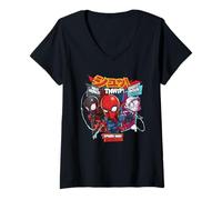 Damen Marvel Super Heroes Spider-Man Trio SD Heroes Kawaii Japan T-Shirt mit V-Ausschnitt