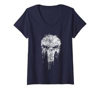 Damen Marvel The Punisher White T-Shirt mit V-Ausschnitt, Marineblau, S