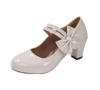 Damen Mary Jane Riemchen Pumps High Heels Blockabsatz Rockabilly Chunky Heels Pumps mit Schleife rutschfeste Slip On Loafer Retro Elegante Tanzschuhe