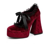 Damen Mary Janes Aus Samt Mit Klobigem Absatz,Gothic Stil Und Spitzenbesatz | Vintage Sweet Lolita Plateau High-Heels Zum Schnüren Für Kleid, Hochzeit Und Party
