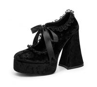 Damen Mary Janes Aus Samt Mit Klobigem Absatz,Gothic Stil Und Spitzenbesatz | Vintage Sweet Lolita Plateau High-Heels Zum Schnüren Für Kleid, Hochzeit Und Party