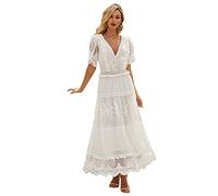 Damen Maxi A-Linien-Kleid aus Spitze Frau Abendkleid Sommerkleid V-Ausschnitt Maxikleid Kurzarm Strandkleid Lang Spitzenkleid mit Spitzenborte Formales Abendkleid （Weiß，S）